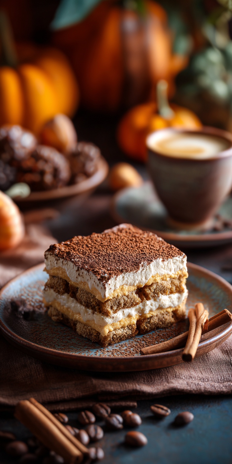 A slice of Pumpkin Spice Latte Tiramisu on a plate with creamy layers and a dusting of spice