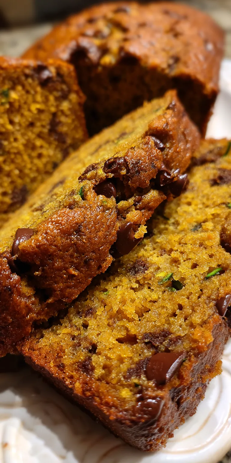 A slice of Pumpkin Zucchini Chocolate Chip Bread on a plate, showcasing its moist texture and chocolate chips