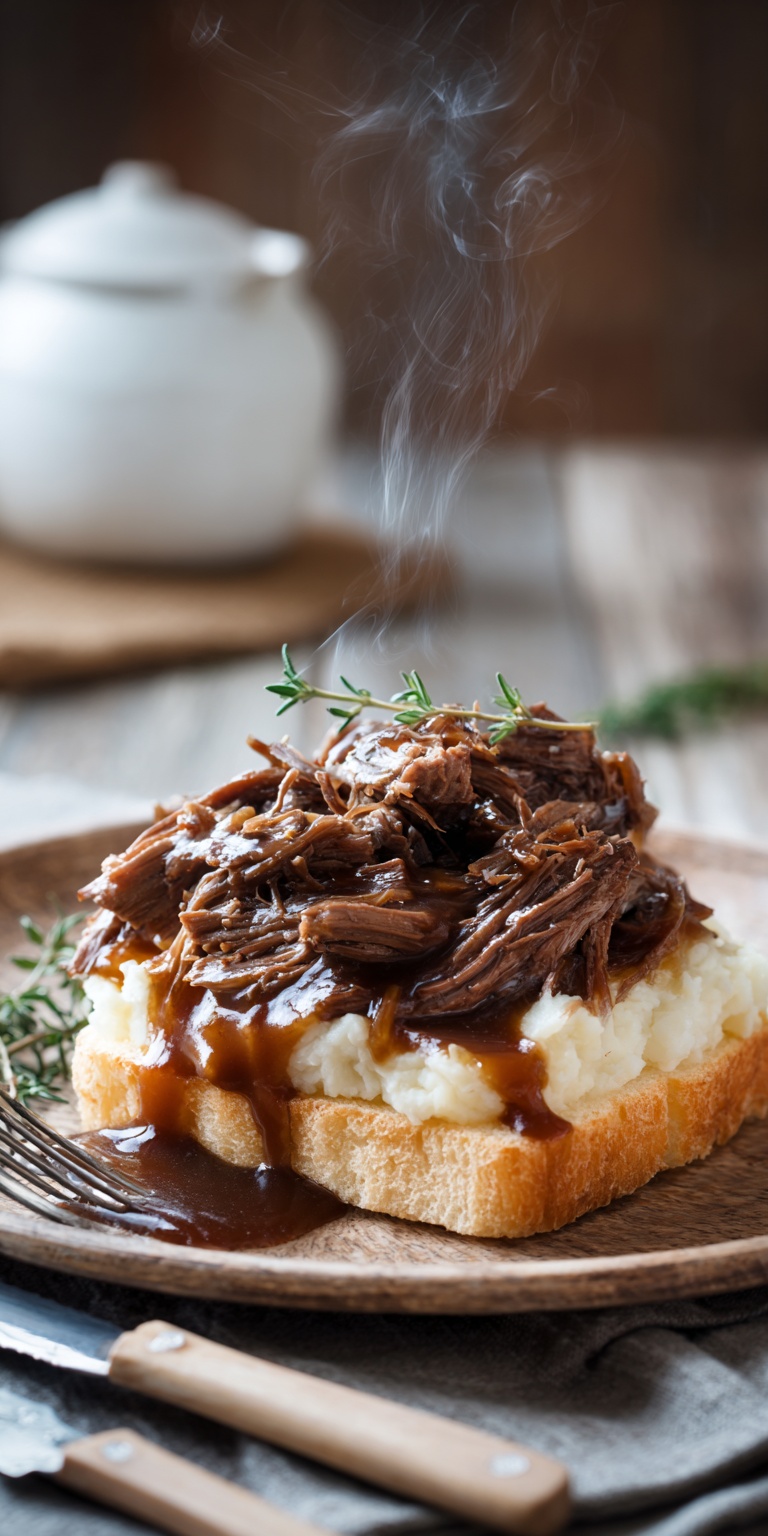 A hearty plate of Slow Cooker Beef Manhattan with tender beef and gravy over bread