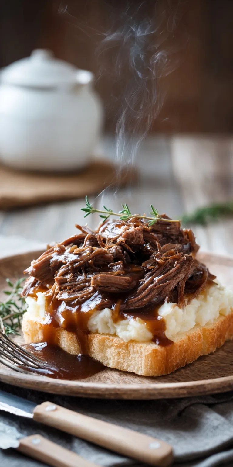 A hearty plate of Slow Cooker Beef Manhattan with tender beef and gravy over bread