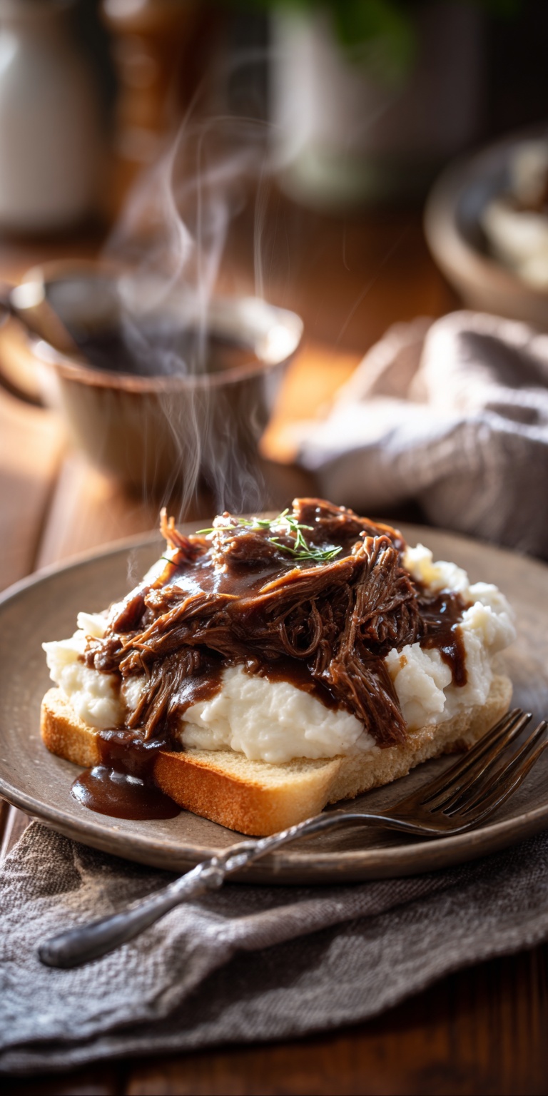A hearty plate of Slow Cooker Beef Manhattan with tender beef and gravy over bread