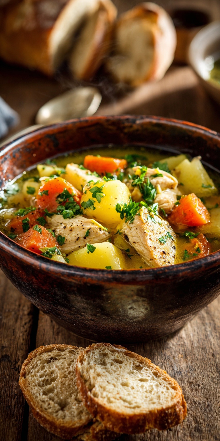 A bowl of slow cooker chicken stew with tender chicken and vibrant vegetables