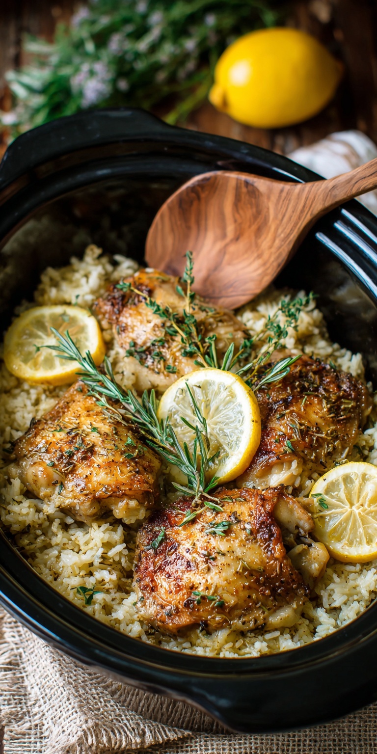 A collection of fresh ingredients for Slow Cooker Lemon Herb Chicken and Rice ready to be prepared