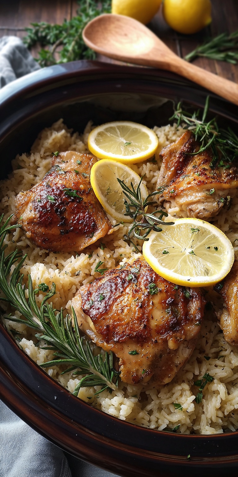 A comforting bowl of Slow Cooker Lemon Herb Chicken and Rice with tender chicken and fluffy rice