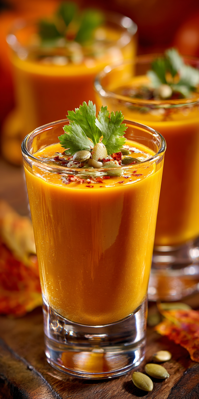 Smoky Chipotle Pumpkin Soup Shooters served warm with cozy spices