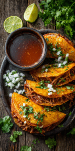 Delicious birria tacos with shredded meat and crispy tortillas on a plate
