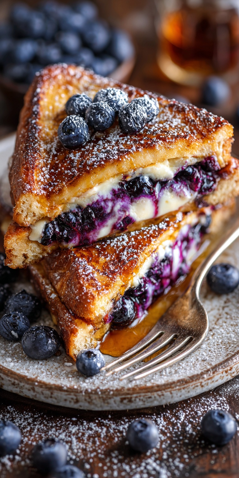 A plate of Blueberry Cheesecake Stuffed Toast with creamy filling and fresh blueberries