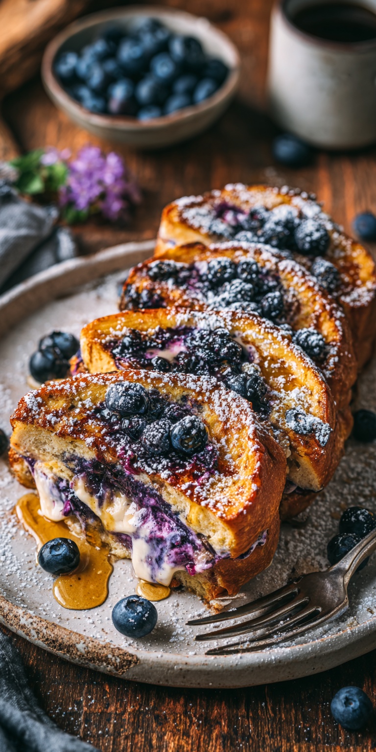 Blueberry Cheesecake Stuffed Toast on a plate, ready to enjoy