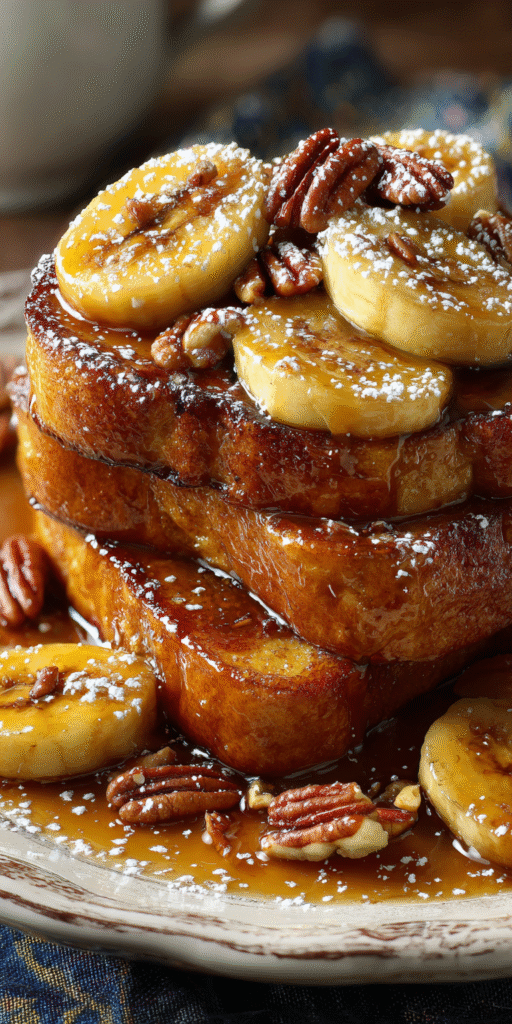 Caramelized Banana Foster French Toast served warm with cozy spices