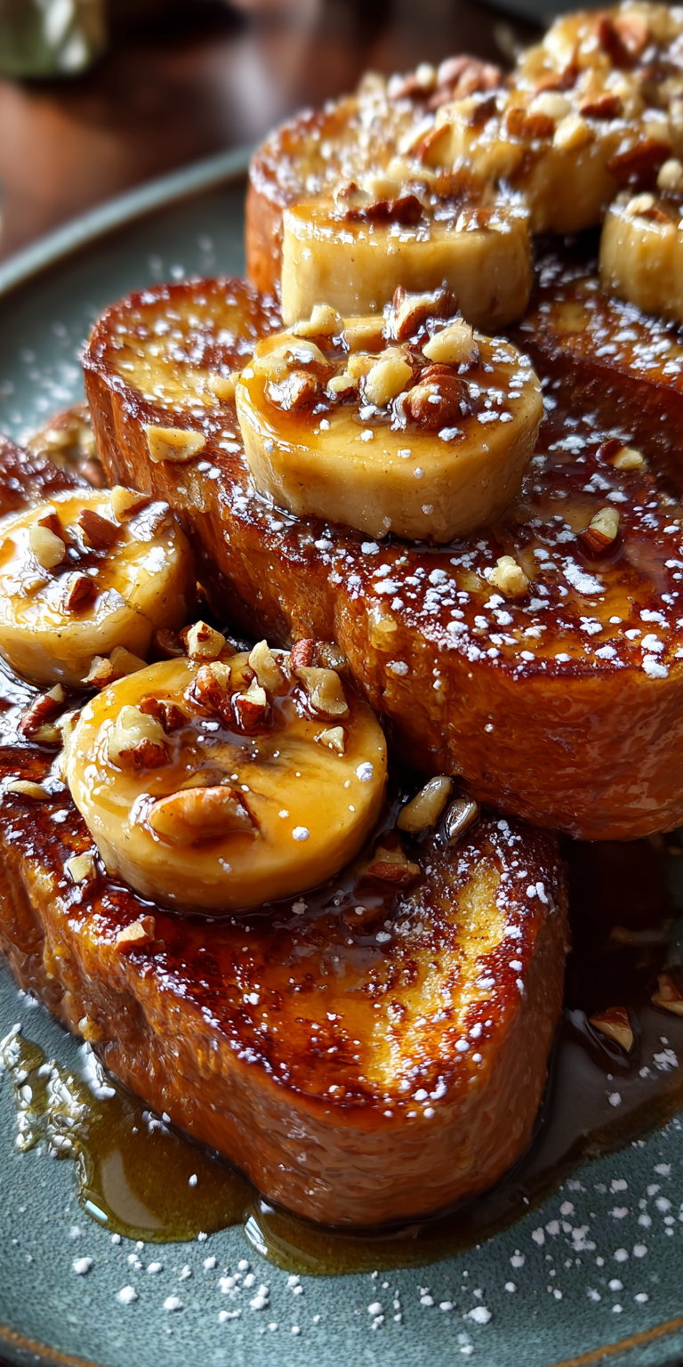 Caramelized Banana Foster French Toast served warm with cozy spices