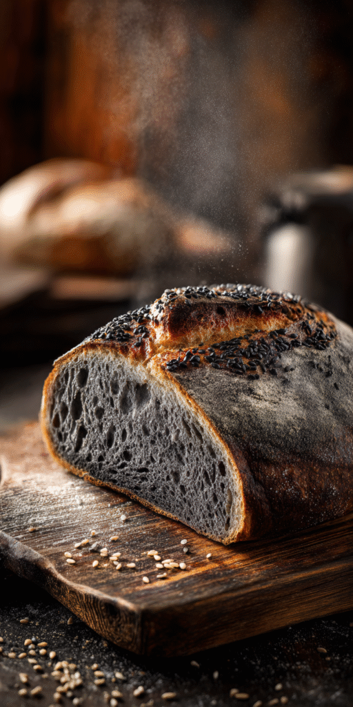 A striking Charcoal Sesame Artisan Sourdough loaf with a dark crust and sesame seeds
