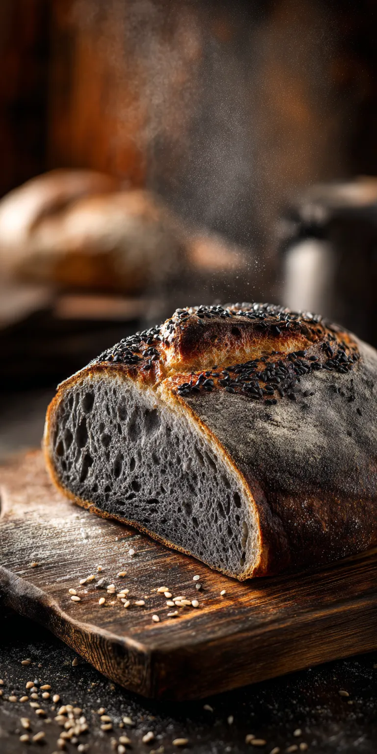 A striking Charcoal Sesame Artisan Sourdough loaf with a dark crust and sesame seeds