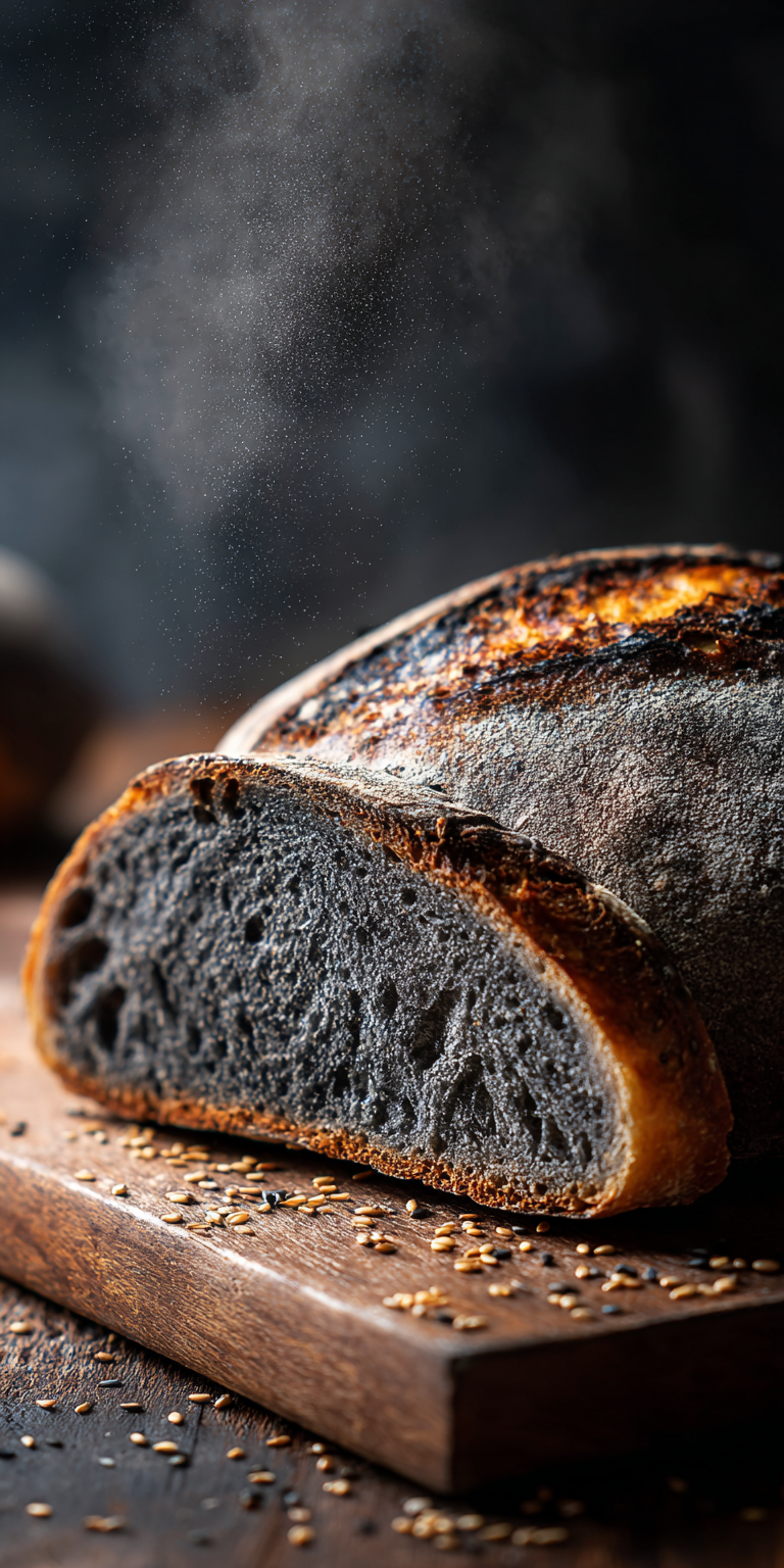 A slice of Charcoal Sesame Artisan Sourdough with a dark, textured crust and soft crumb