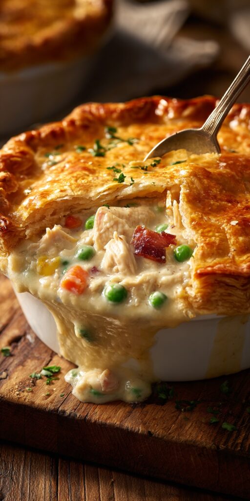 A warm slice of Crack Chicken Pot Pie with a flaky crust and creamy filling