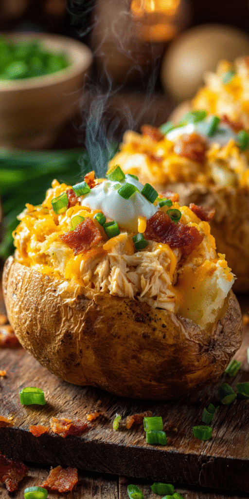 Crack Chicken Stuffed Baked Potatoes served warm with cozy spices