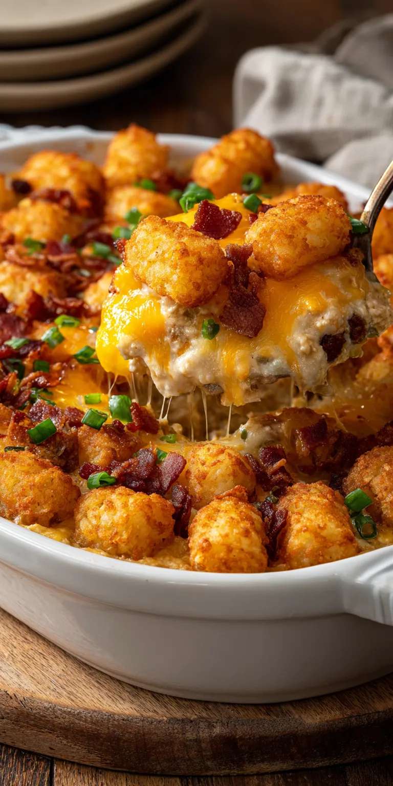 A comforting plate of Crack Chicken Tater Tot Casserole with creamy chicken and crispy tots