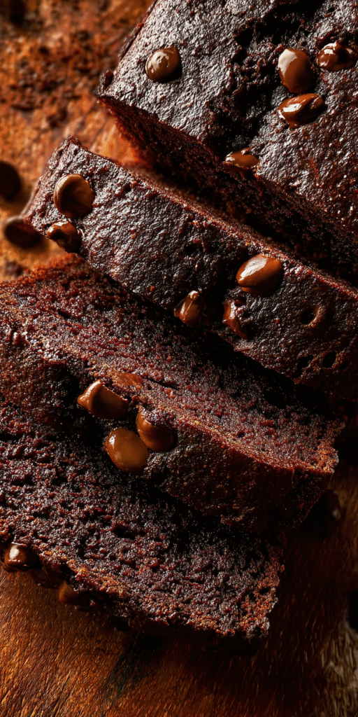 A slice of Double Chocolate Espresso Banana Bread with a rich, moist texture on a plate