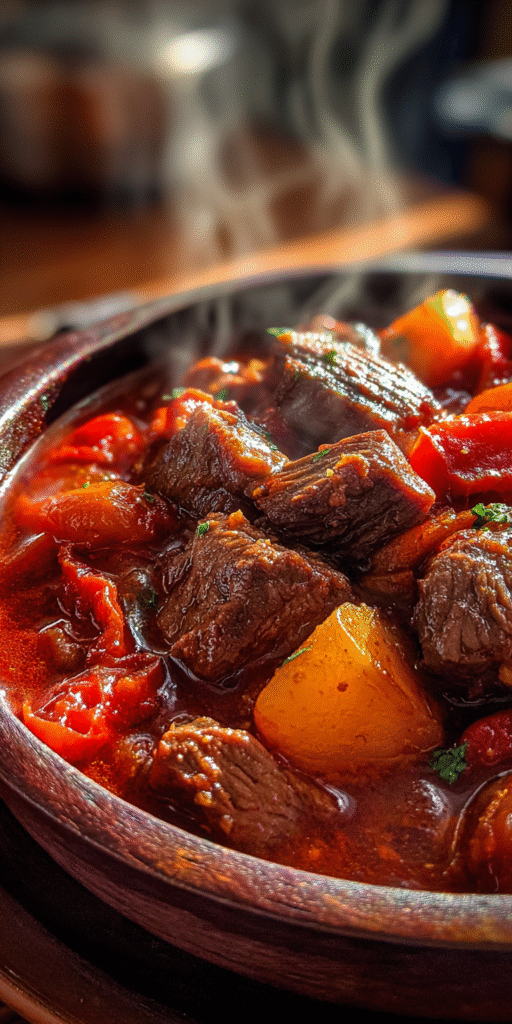 A hearty bowl of Fire-Roasted Tomato Beef Stew with tender beef and smoky tomatoes