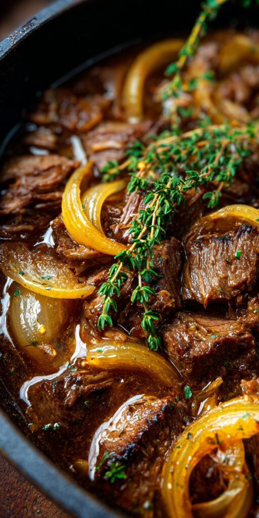 A savory French Onion Pot Roast with tender beef and caramelized onions