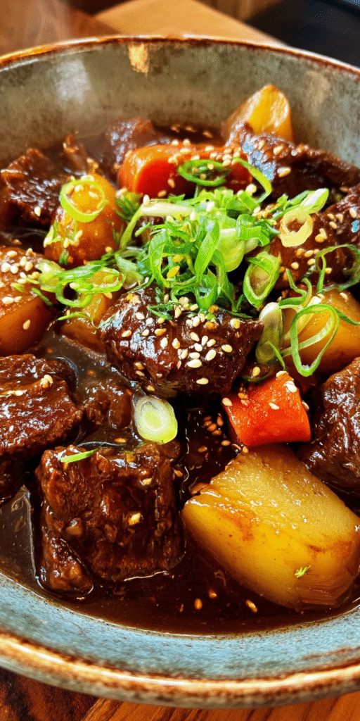 A hearty bowl of Ginger-Soy Beef Stew with tender beef and aromatic broth