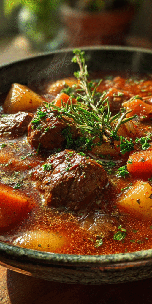 A bowl of Herb Garden Beef Stew with tender beef and vibrant vegetables