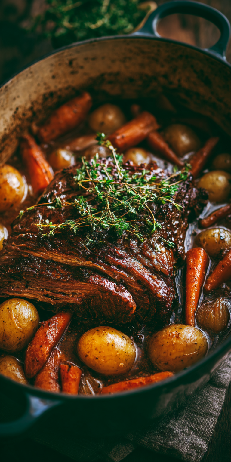A collection of fresh herbs and raw beef for Herbes de Provence Pot Roast preparation
