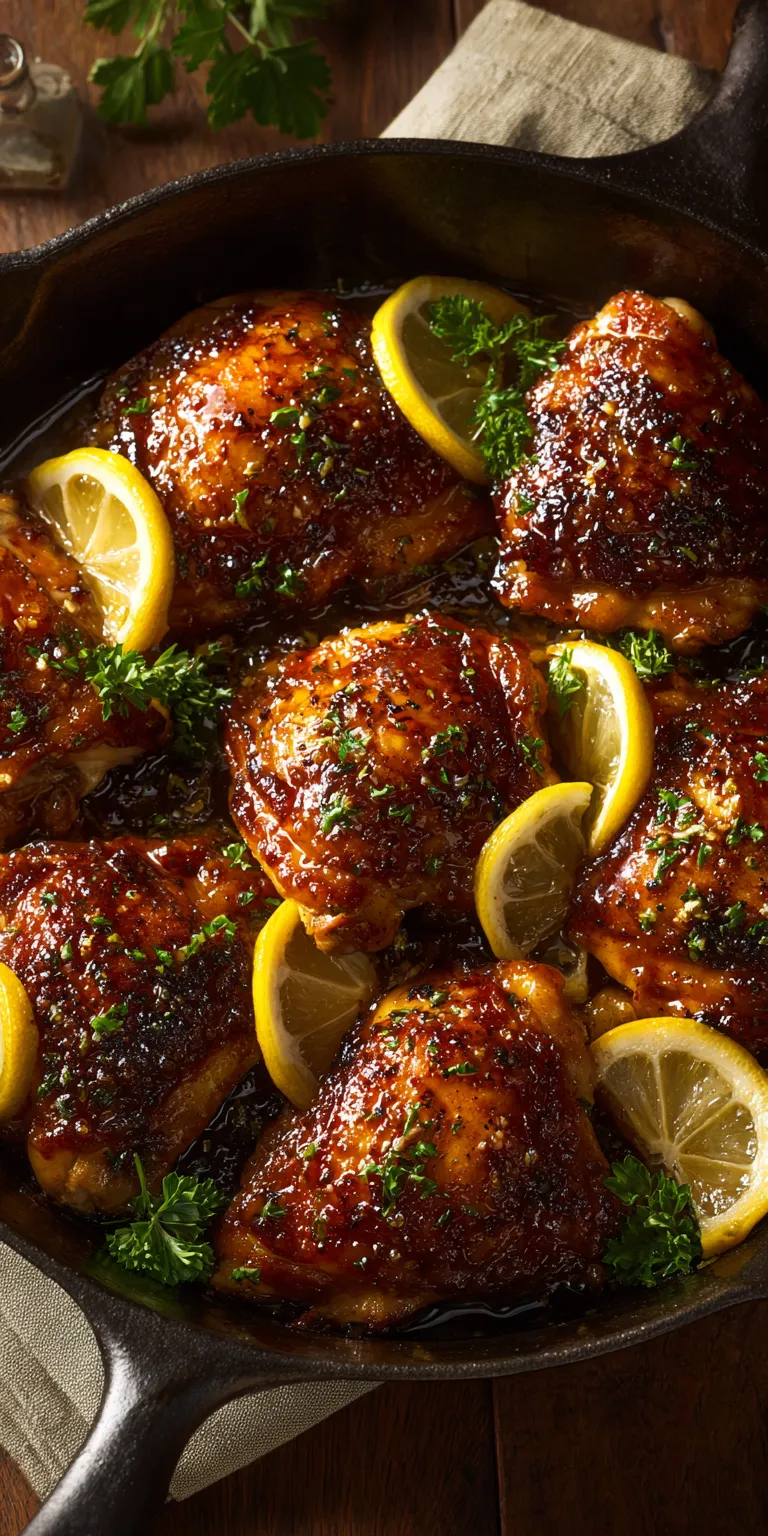 Honey Garlic Lemon Pepper Chicken Thighs with a glossy glaze on a plate