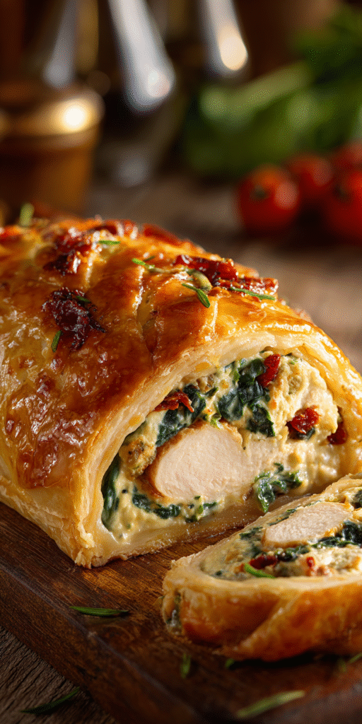 A golden, flaky Marry Me Chicken Wellington on a serving platter, ready to impress