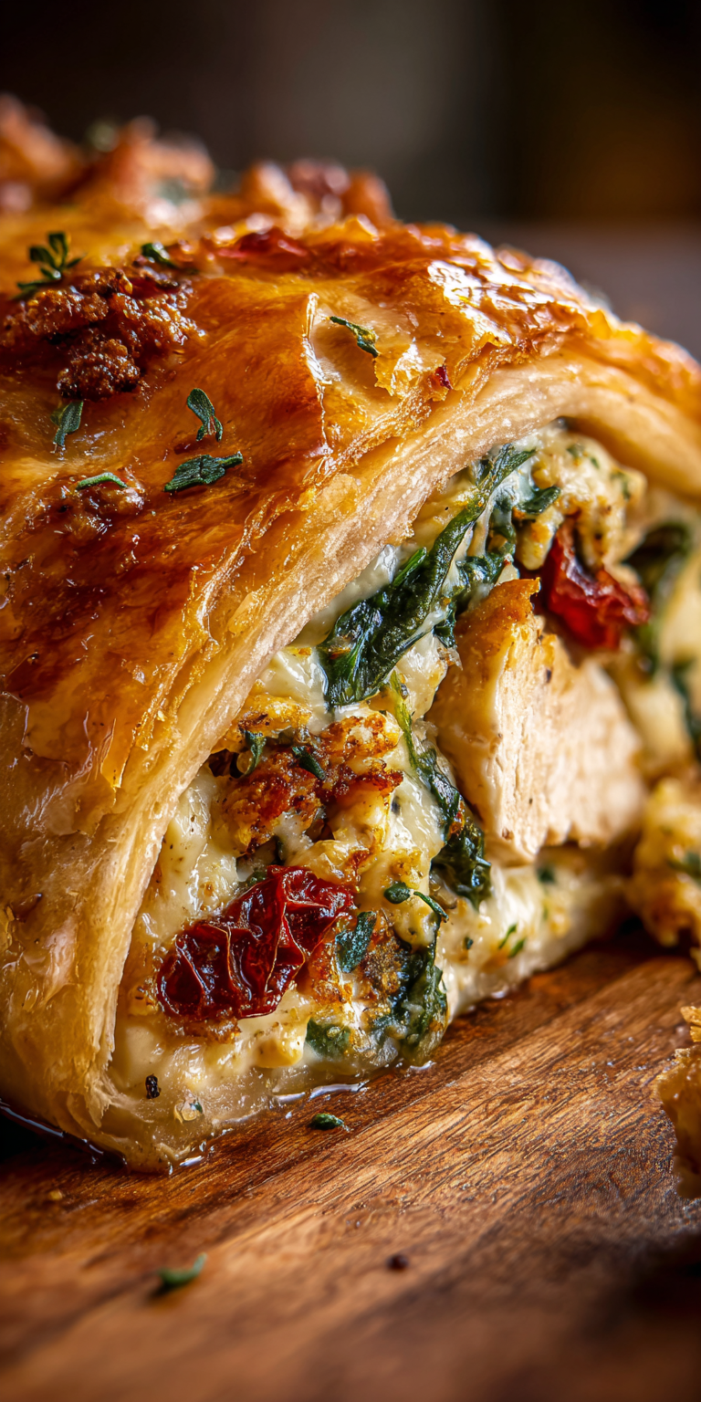 A beautifully plated Marry Me Chicken Wellington with a golden crust