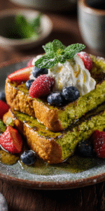 Matcha-Mint Tea French Toast on a plate with vibrant green hues and fresh mint garnish