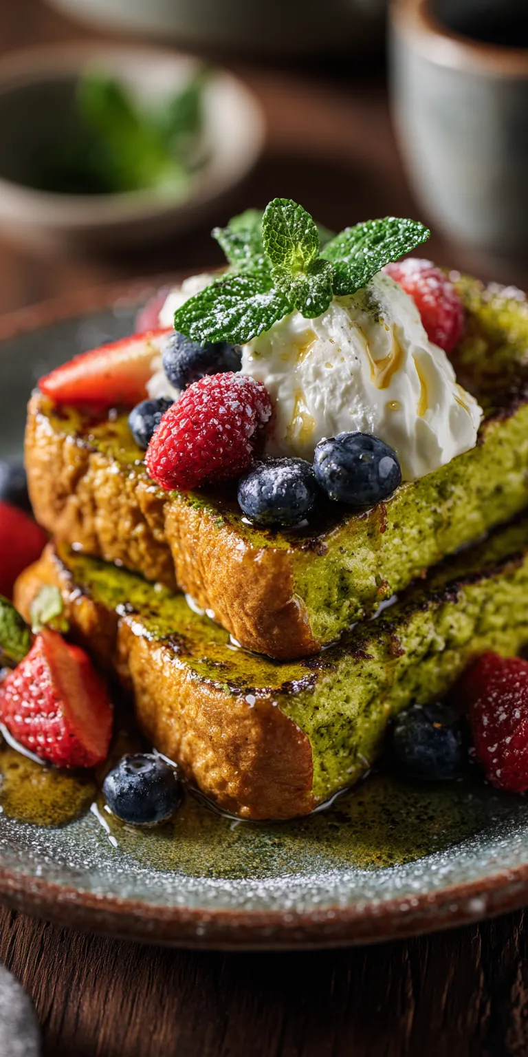 Matcha-Mint Tea French Toast on a plate with vibrant green hues and fresh mint garnish