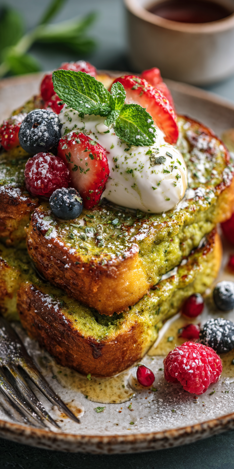 A plate of Matcha-Mint Tea French Toast with a vibrant green hue and fresh mint garnish