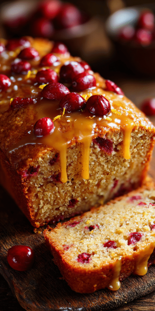 Slice of Orange Cranberry Glazed Banana Bread with a shiny glaze on a plate