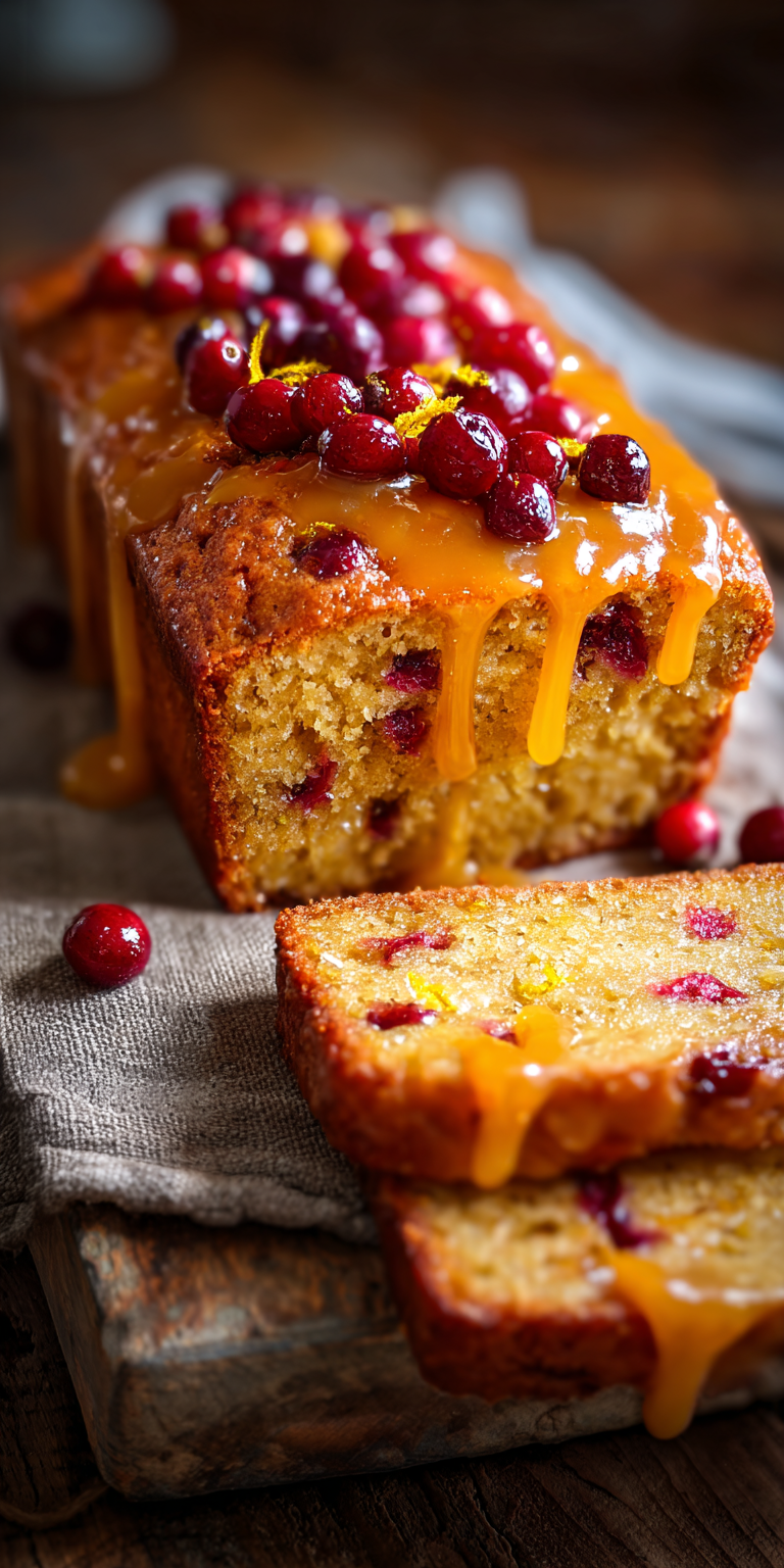 A slice of Orange Cranberry Glazed Banana Bread with a shiny glaze