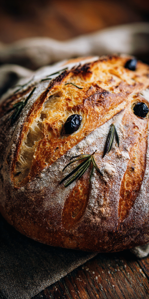 A freshly baked loaf of Rosemary Olive Country Sourdough with a golden crust and herbs on top