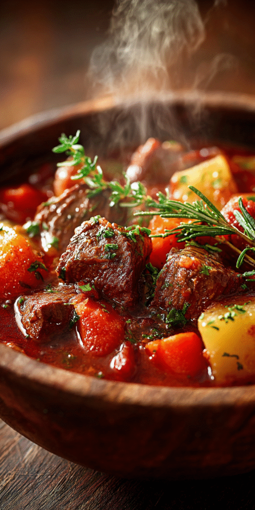 A hearty bowl of Rustic Farmhouse Beef Stew with tender beef and vegetables