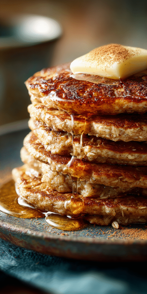 A stack of fluffy Spiced Chai Oatmeal Pancakes with a drizzle of syrup on a cozy breakfast table