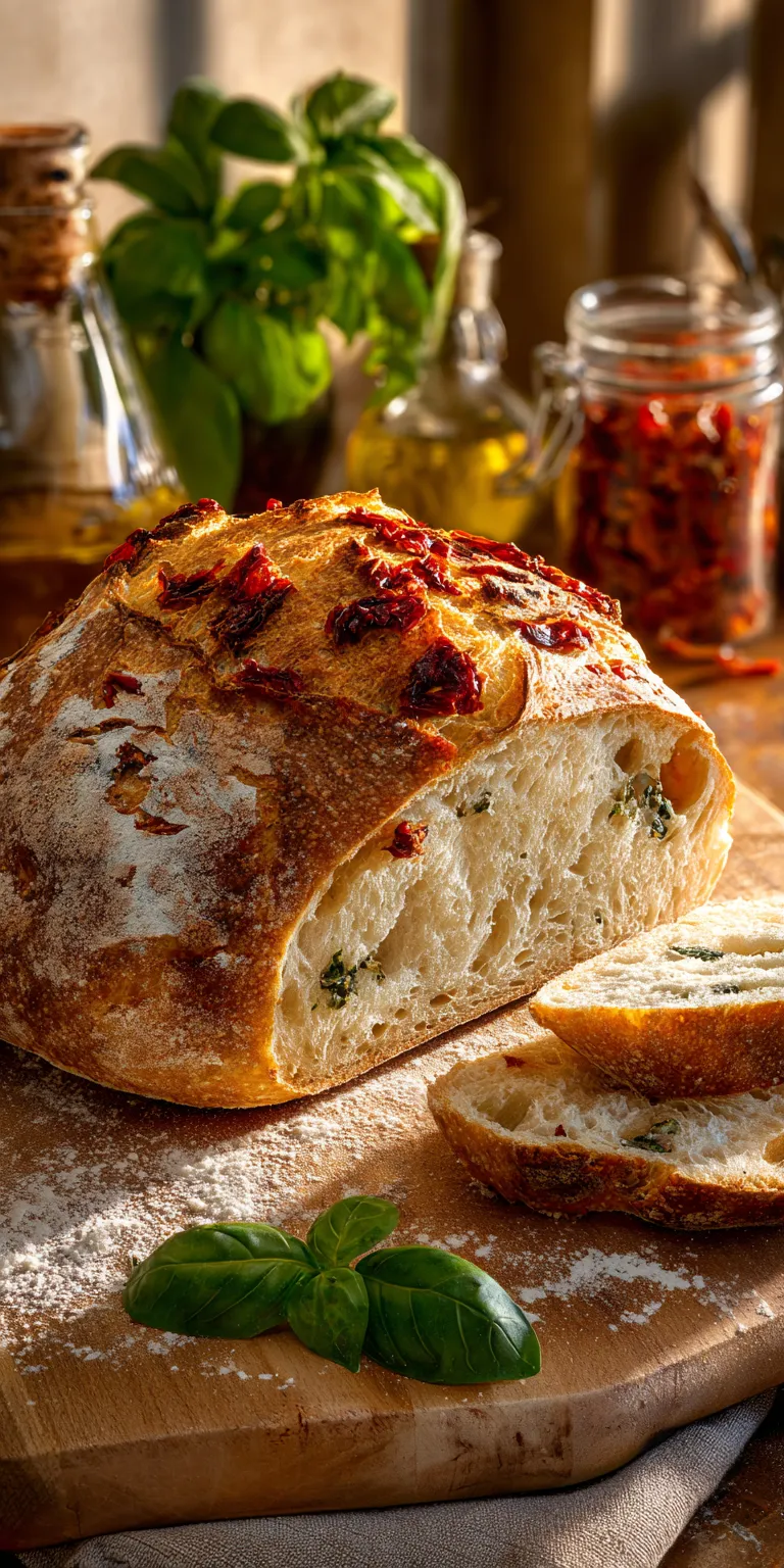 A collection of ingredients for Sun-Dried Tomato Basil Sourdough, including flour, sun-dried tomatoes, and fresh basil