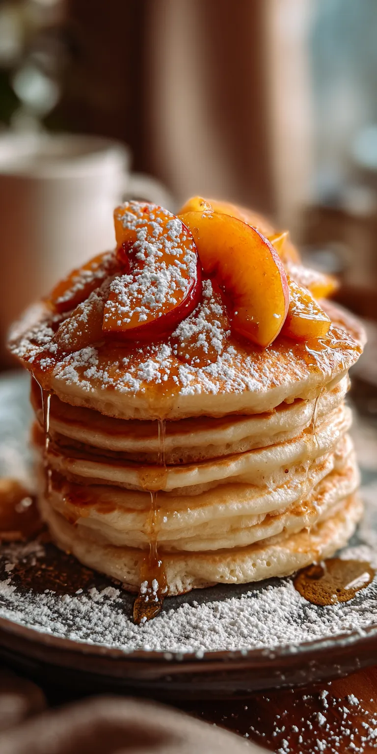 A stack of fluffy Vanilla Bean & Peach Soufflé Pancakes with fresh peaches on top