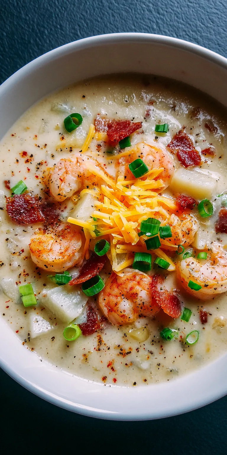 Baked Potato Soup with shrimps served warm with cozy spices