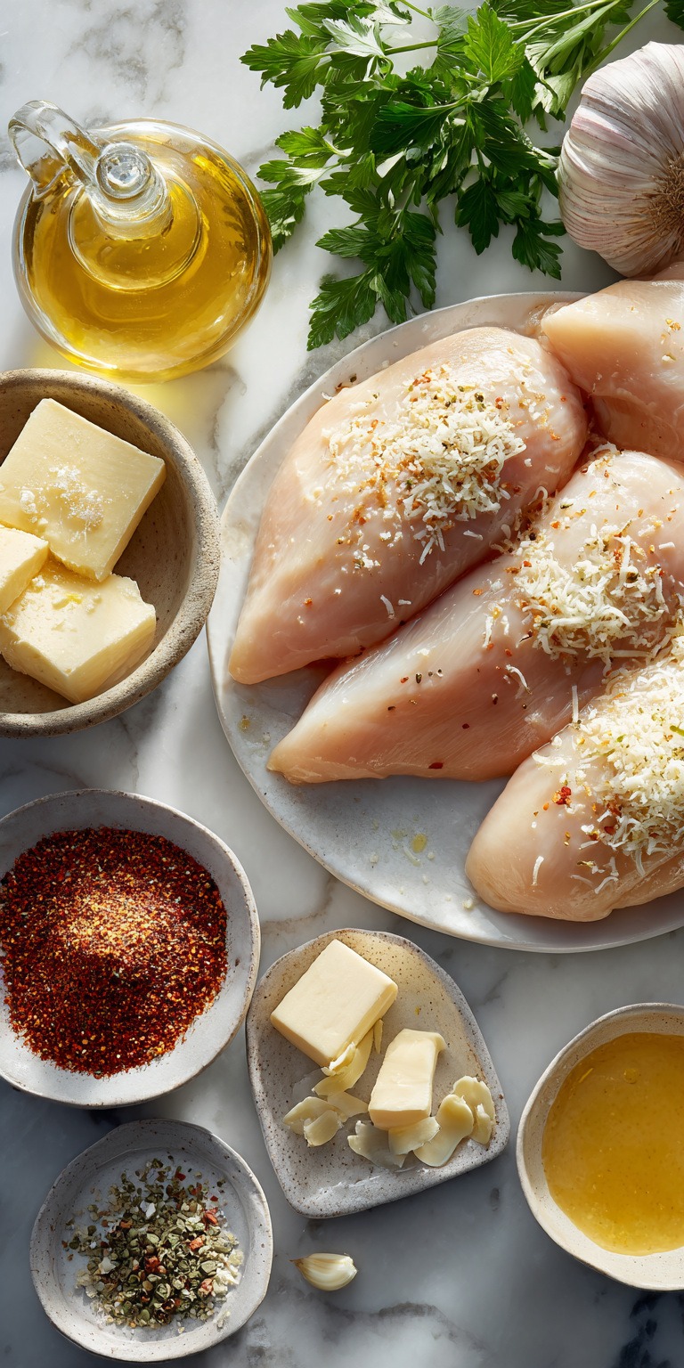 Fresh ingredients for creamy garlic chicken ready to be cooked into a cozy dinner