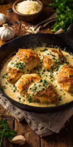 A plate of creamy garlic chicken with a rich, garlicky sauce