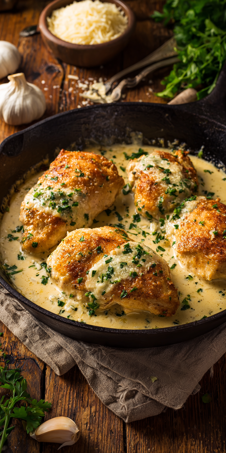 A plate of creamy garlic chicken with a rich, garlicky sauce