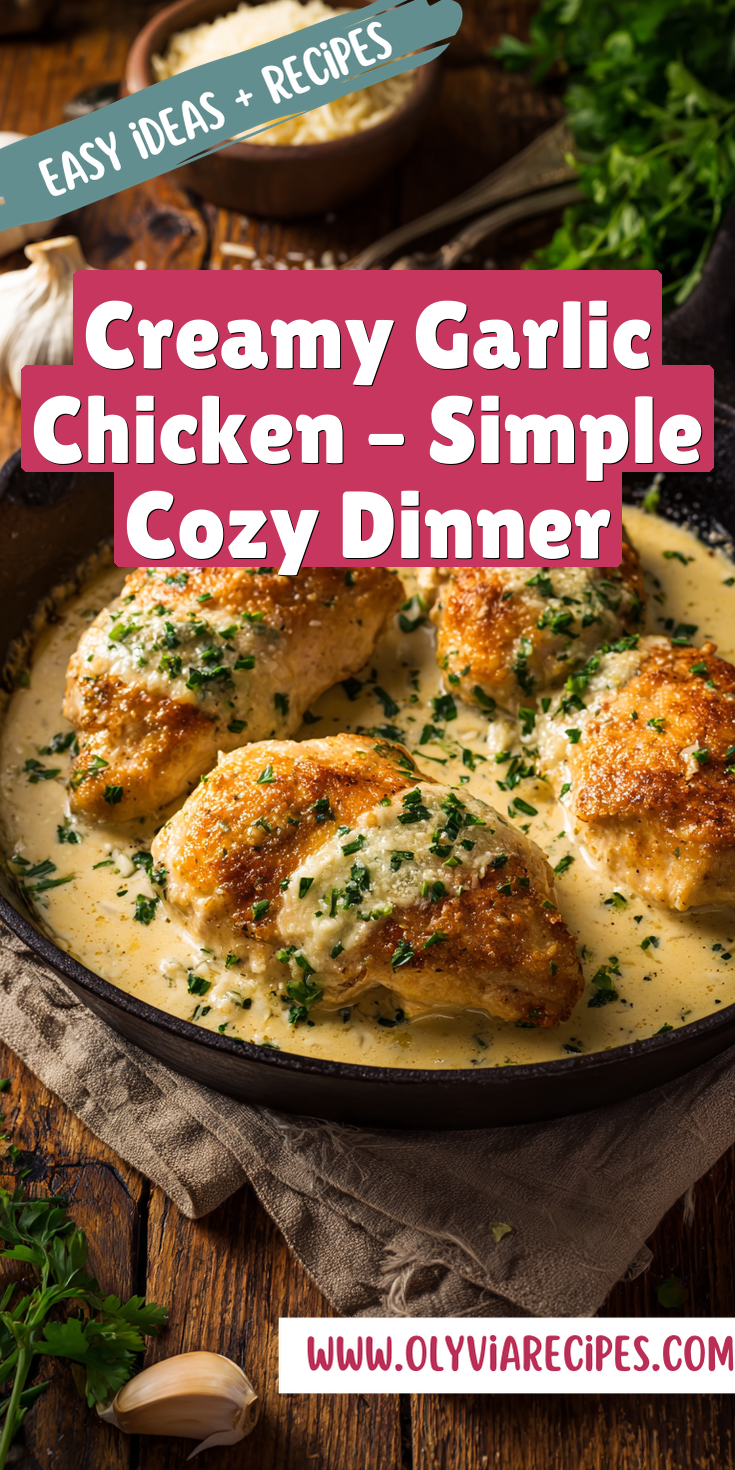 A plate of creamy garlic chicken with a rich, garlicky sauce, perfect for a cozy dinner