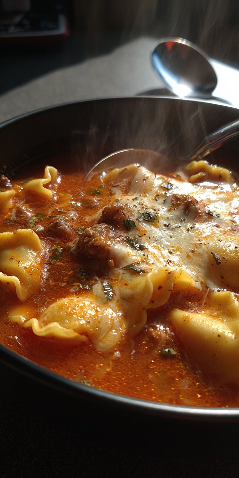 A hearty bowl of Crockpot Lasagna Soup with tender pasta and melty cheese