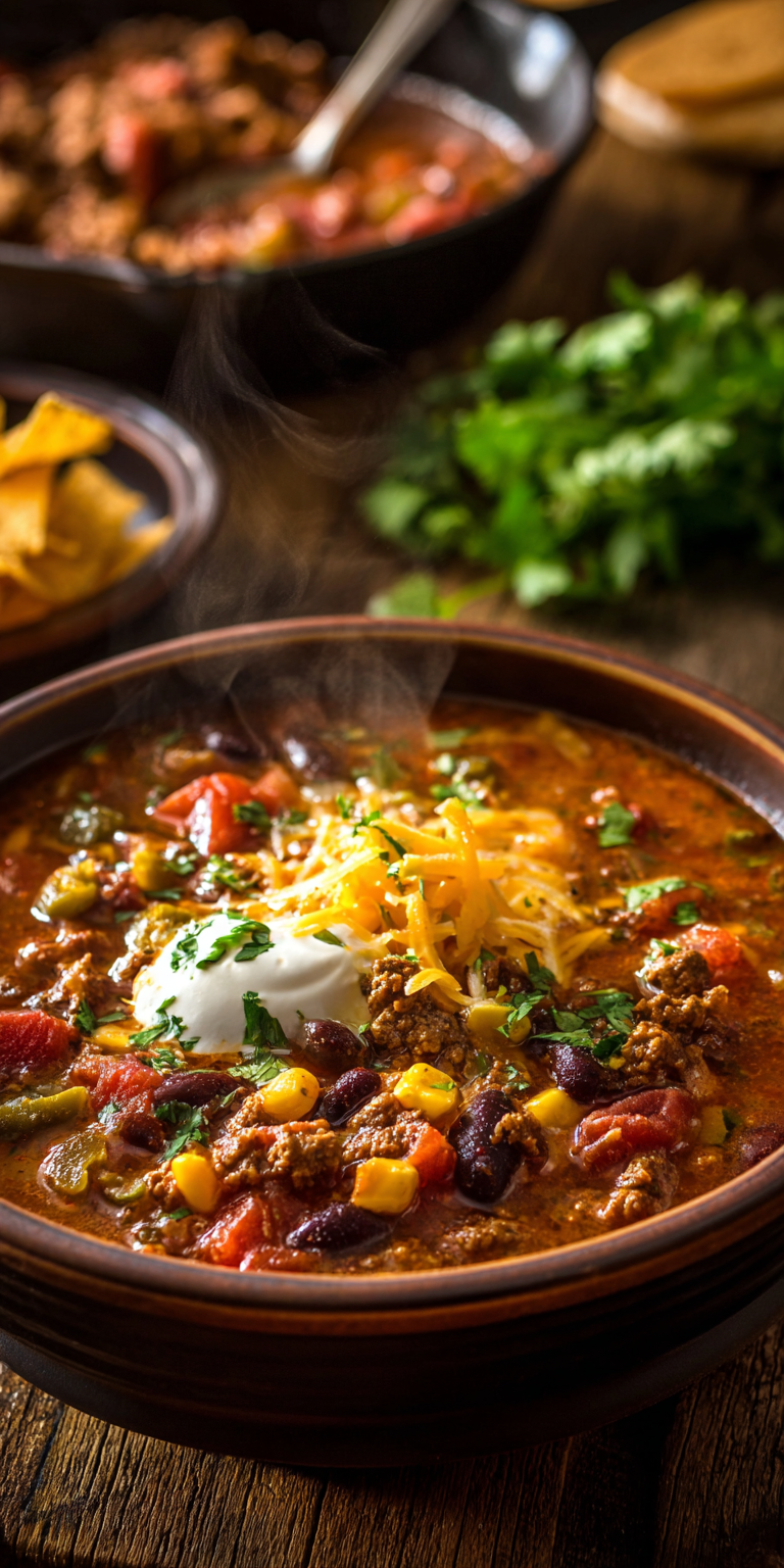 A bowl of easy Rotel taco soup with hearty beef and beans