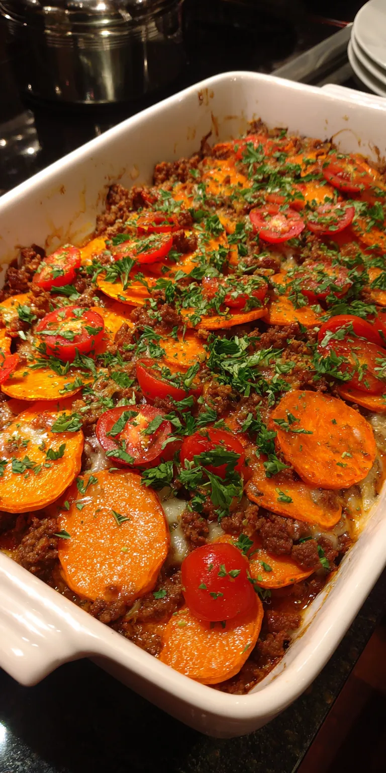 Ground Beef & Sweet Potato Bake served warm with cozy spices