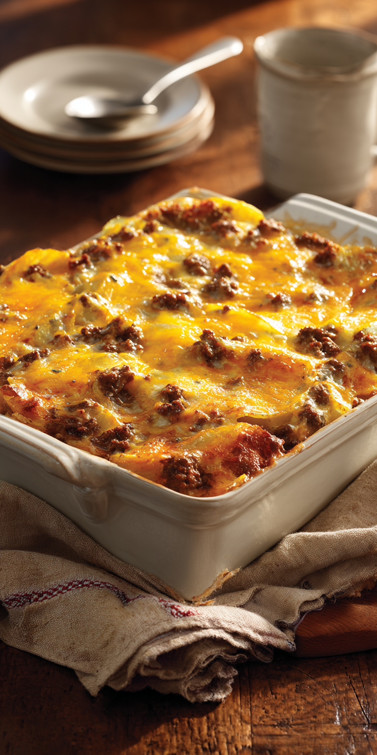 A hearty serving of Hobo Casserole with ground beef and tender potatoes in a rustic dish