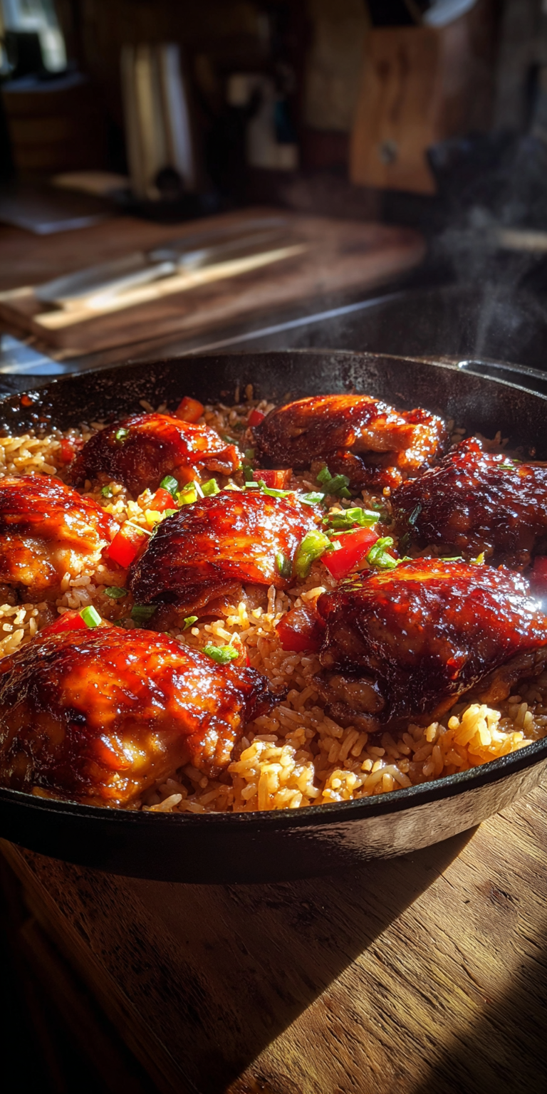Honey BBQ Chicken & Rice dish with a sweet-savory glaze in a pan
