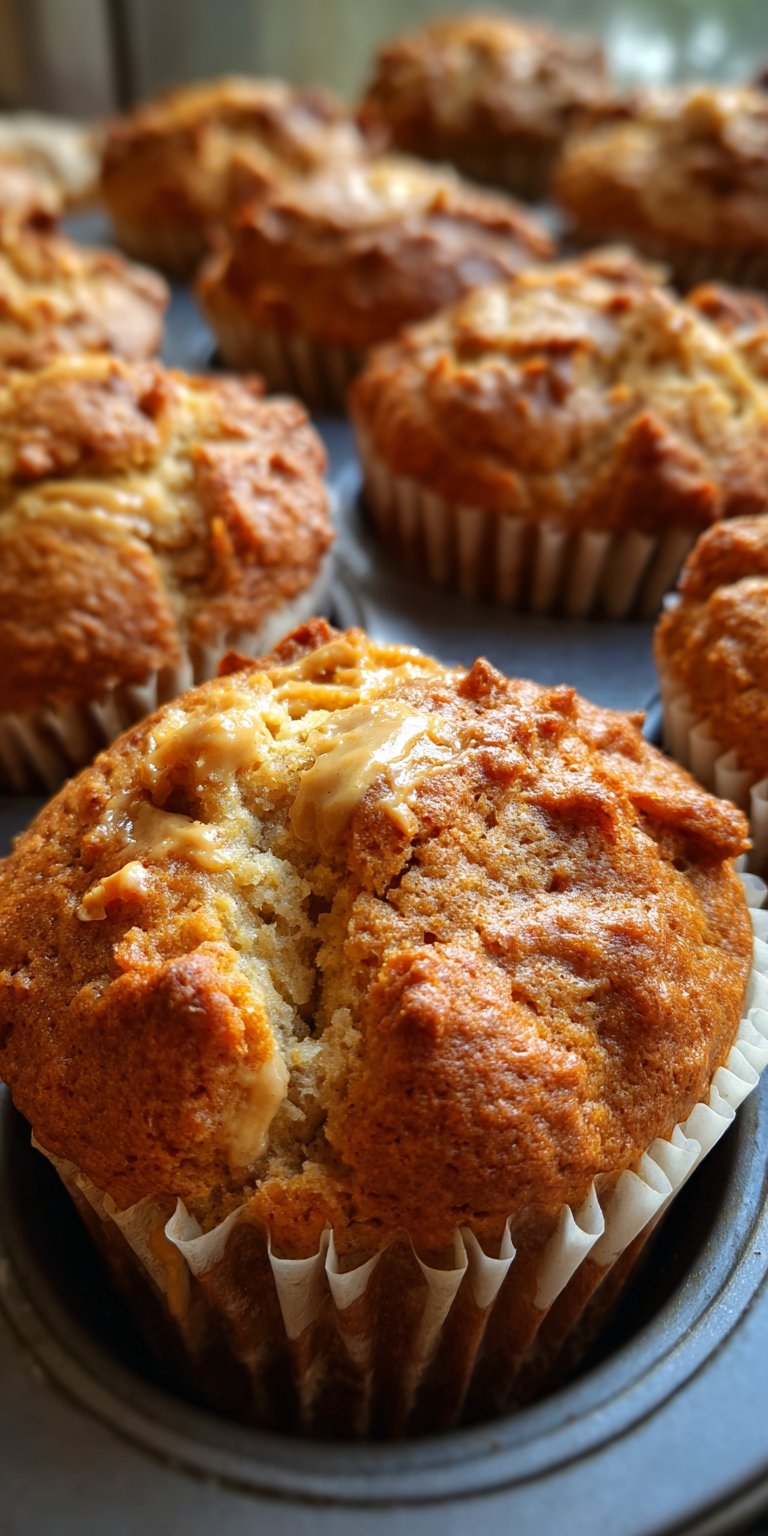 Freshly baked peanut butter banana muffins on a cooling rack